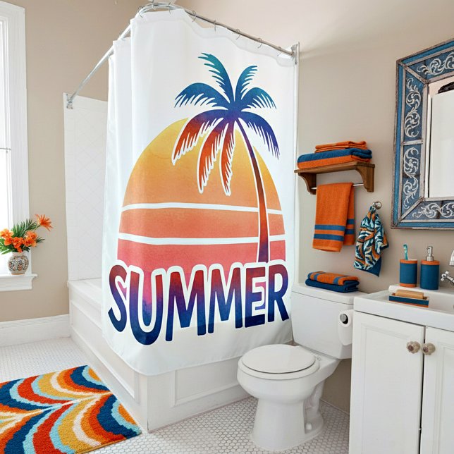 Summer retro sunset palm tree shower curtain (Creator Uploaded)