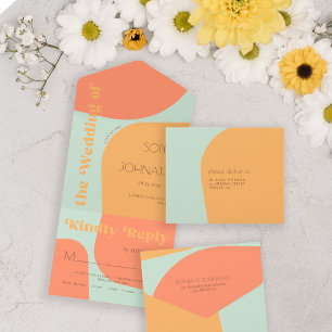 Summer retro vibes bold abstract wedding rsvp all in one invitation