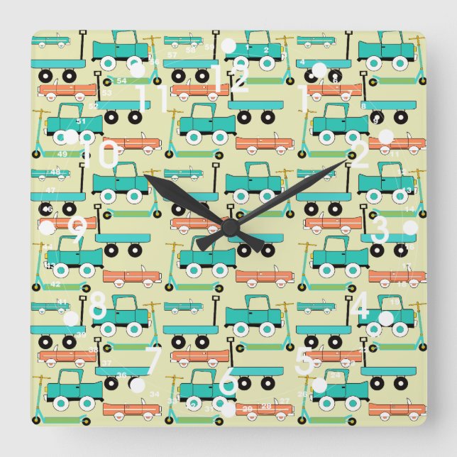 Summer Retro Wheels Scooters Cars Wagons Trucks Square Wall Clock (Front)