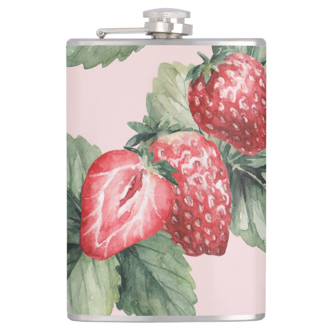 Summer Ripe Strawberries: Watercolor Pink Hip Flask (Front)
