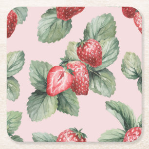 Summer Ripe Strawberries: Watercolor Pink Square Paper Coaster