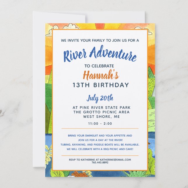 Summer River Adventure Teen Birthday Party Invitation (Back)