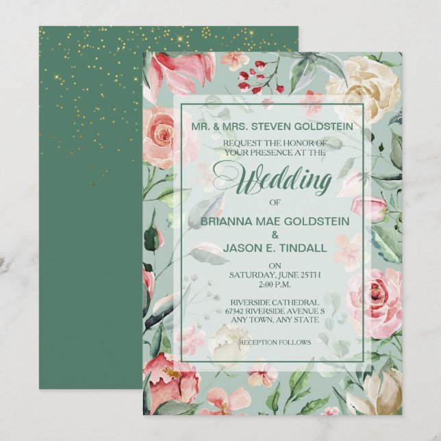 Summer Rose Border Mint Green Wedding Invitation (Front/Back)