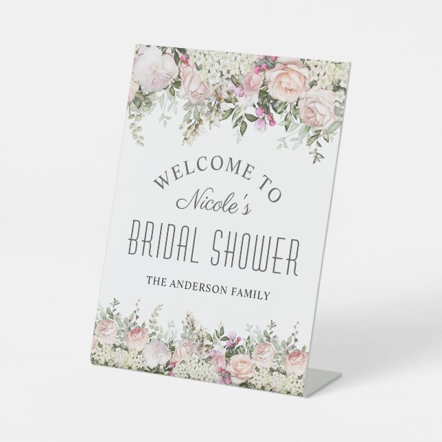 Summer Rose Garden Bridal Shower Welcome Pedestal Sign (Front)