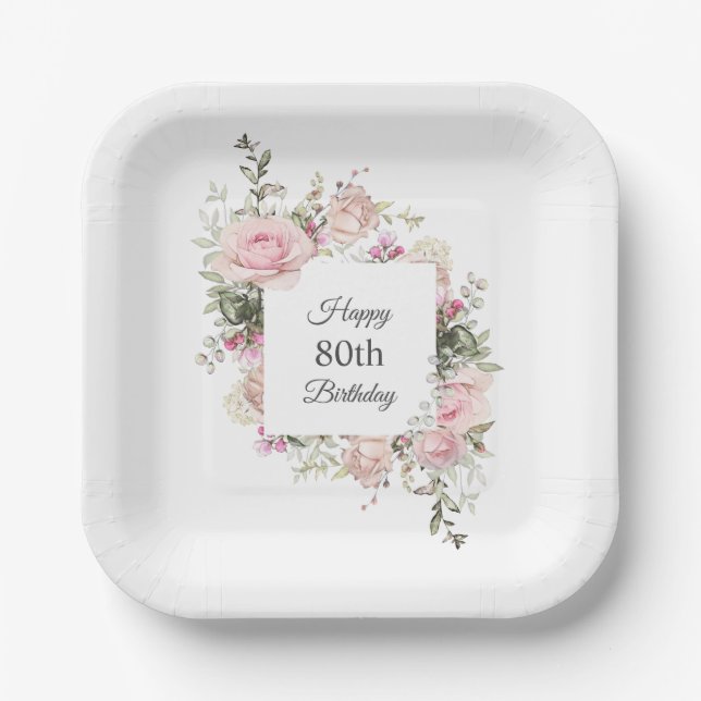 Summer Rose Garden Floral Birthday with Age Paper Plate (Front)