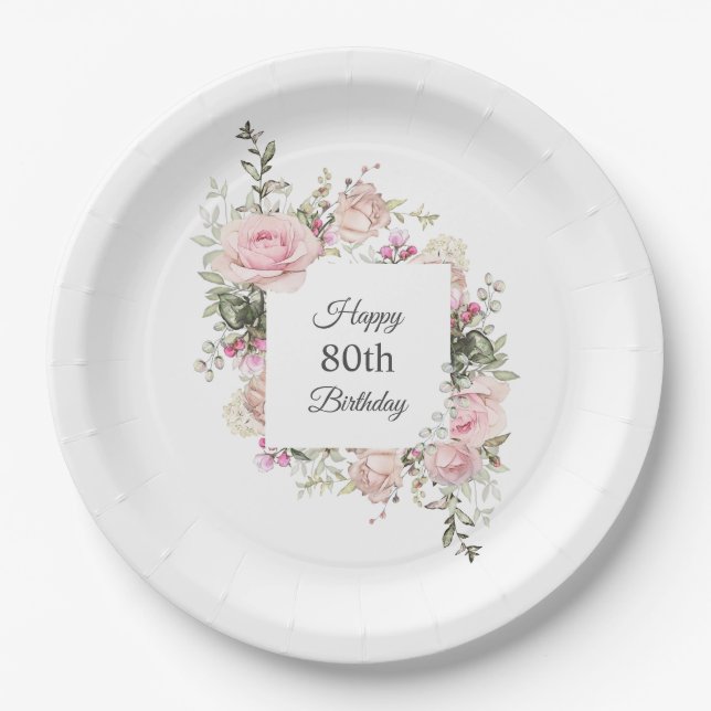Summer Rose Garden Floral Birthday with Age Paper Plate (Front)