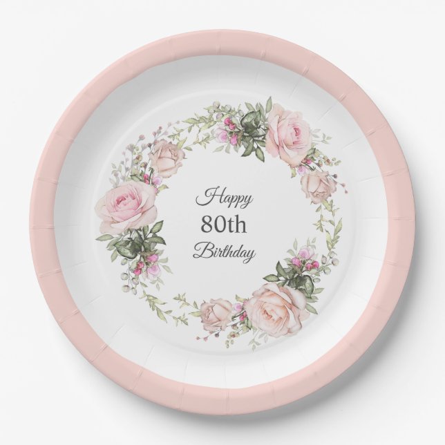 Summer Rose Garden Floral Birthday with Age Paper Plate (Front)