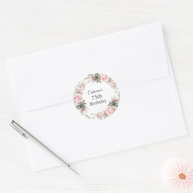 Summer Rose Garden Floral Ladies 75th Birthday Classic Round Sticker (Envelope)