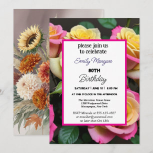 Summer Rose Garden Pink Floral 80th Birthday Invitation