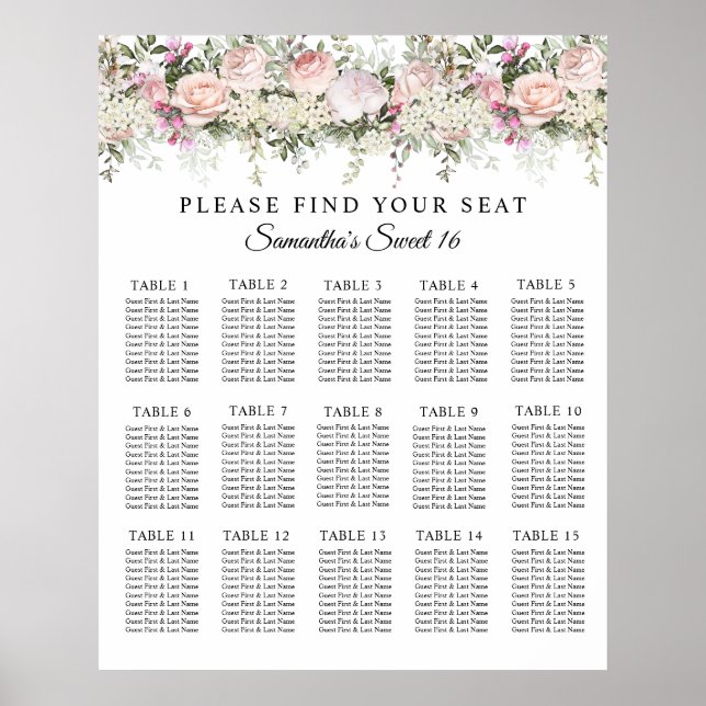 Summer Rose Garden Pink Floral Seating Chart (Front)