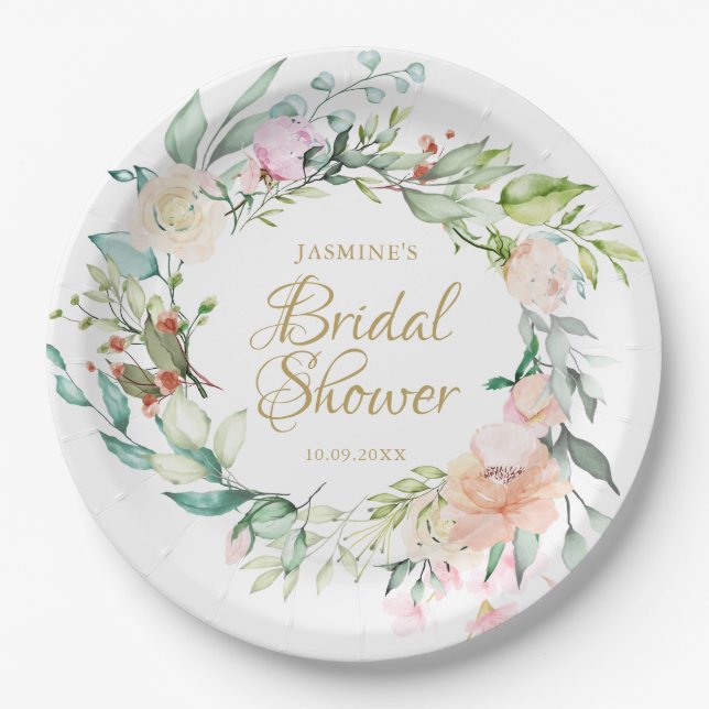 Summer Rose Watercolour Gold Script Bridal Shower Paper Plate (Front)