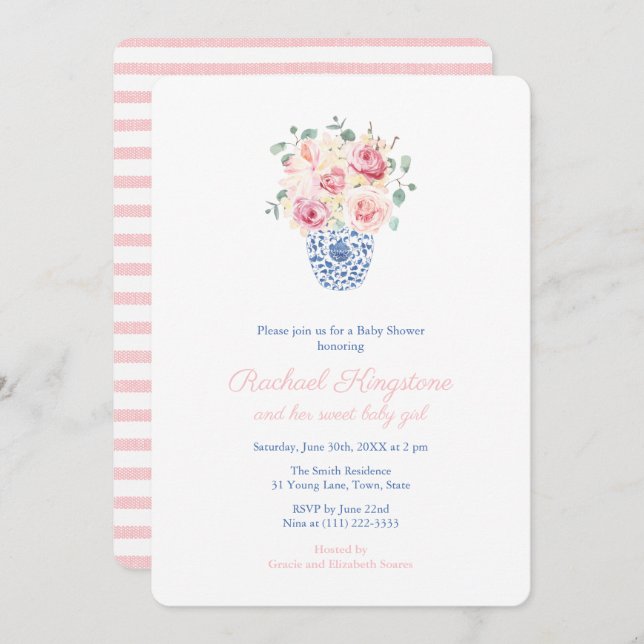 Summer Roses Blue And White Vase Girl Baby Shower Invitation (Front/Back)