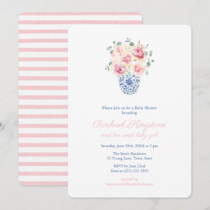 Summer Roses Blue And White Vase Girl Baby Shower Invitation