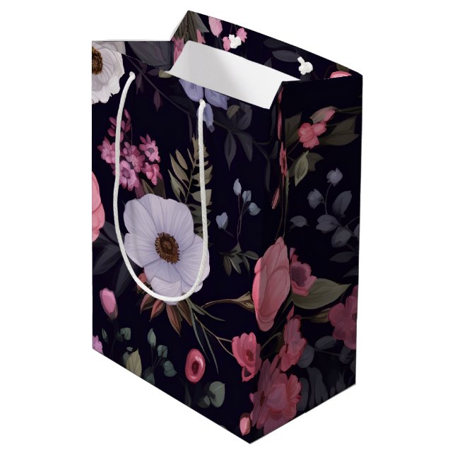 Summer Roses On Black Medium Gift Bag (Back Angled)