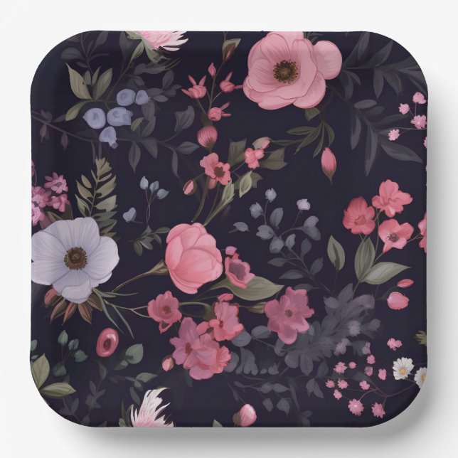 Summer Roses On Black Paper Plate (Front)