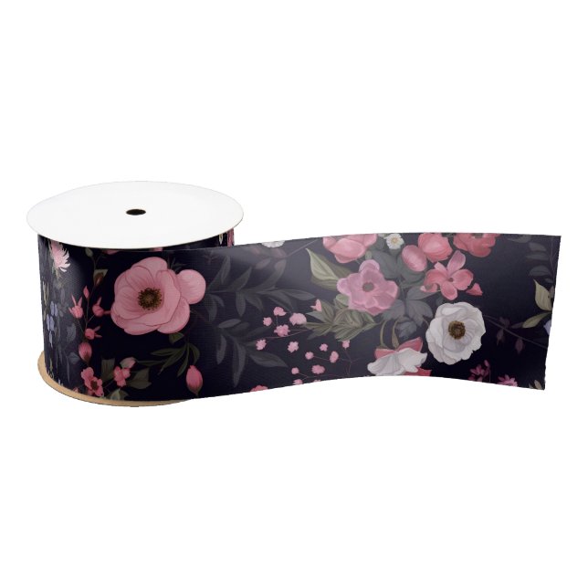 Summer Roses On Black Satin Ribbon (Spool)