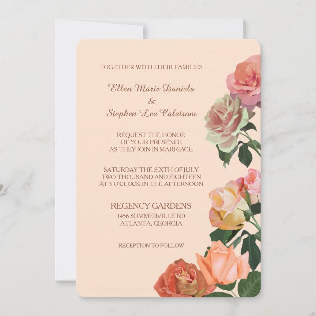 Summer Roses on Peach Wedding Invitation (Front)