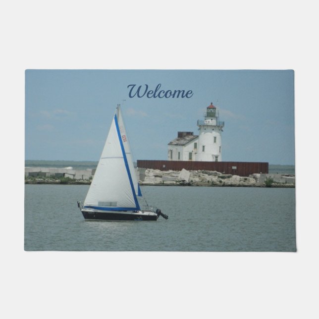 Summer Sailboat and Lighthouse Doormat (Front)