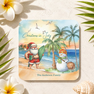 Summer Santa & Snowman Christmas in July Square Paper Coaster