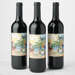 Summer Santa & Snowman Christmas in July  Wine Label