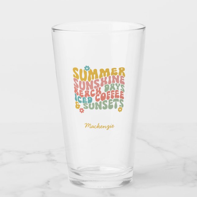 Summer Saying Retro Beach Iced Coffee Sunsets Glass (Front)