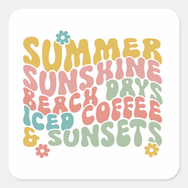 Summer Saying Retro Beach Iced Coffee Sunsets Square Sticker (Front)