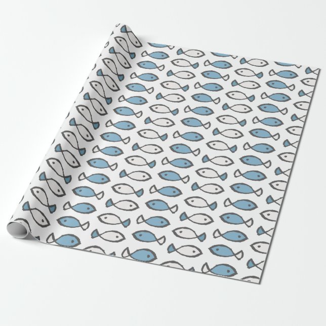 Summer Sea Blue White Fishes Pattern Wrapping Paper (Unrolled)