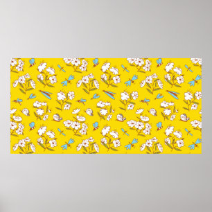 Summer seamless pattern with blossoming plants and poster