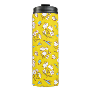 Summer seamless pattern with blossoming plants and thermal tumbler