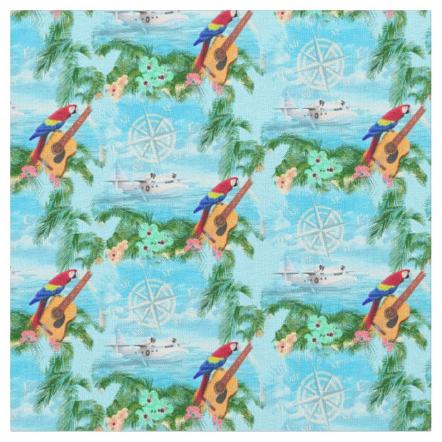 Summer Seaplane Tropical Coastal Beach Fabric (Close Up)