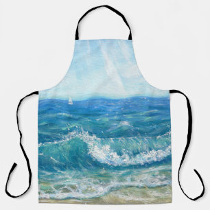 Summer seascape, blue waves, acrylic painting. apron