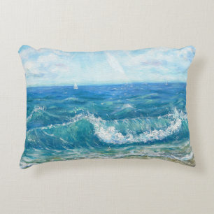 Summer seascape, blue waves, acrylic painting. decorative cushion