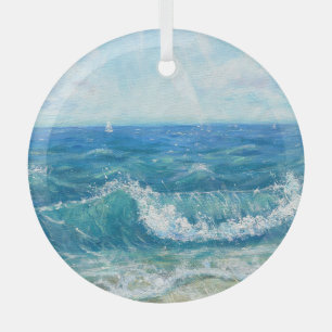 Summer seascape, blue waves, acrylic painting. glass tree decoration