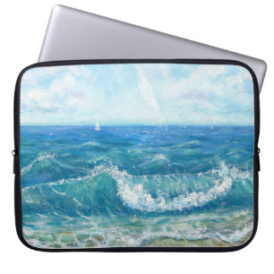 Summer seascape, blue waves, acrylic painting. laptop sleeve