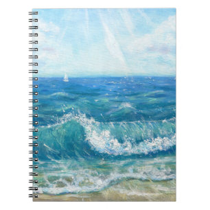 Summer seascape, blue waves, acrylic painting. notebook