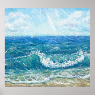 Summer seascape, blue waves, acrylic painting. poster