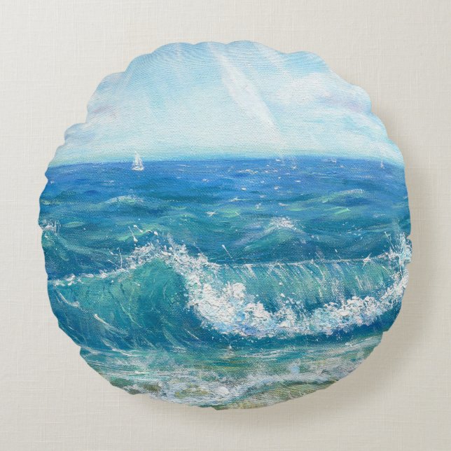 Summer seascape, blue waves, acrylic painting. round cushion (Front)