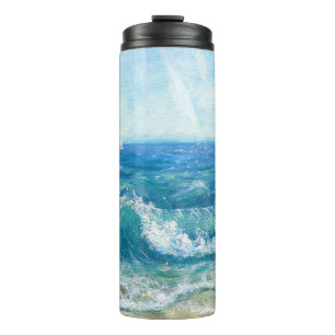 Summer seascape, blue waves, acrylic painting. thermal tumbler