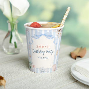 Summer Seashell Blue White Stripes Birthday Paper Cups