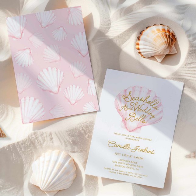 Summer Seashells and Wedding Bells Bridal Shower Invitation (Seashells and Wedding Bells Coastal Bridal Shower Invitation)