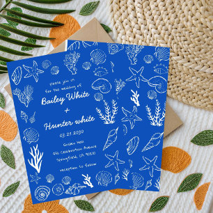 Summer Seashells Frame Beach Wedding Blue Invitation