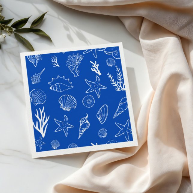 Summer Seashells Frame Beach Wedding Blue Napkin (Creator Uploaded)