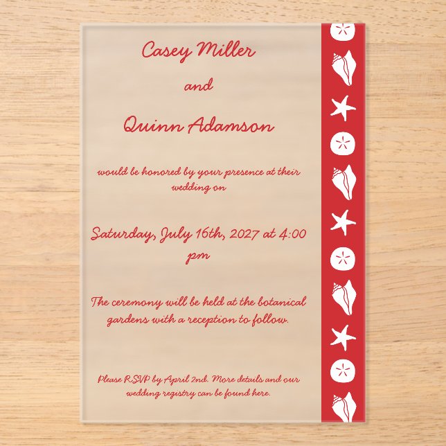 Summer Seashells in Cherry Acrylic Wedding  Invitations (Front)