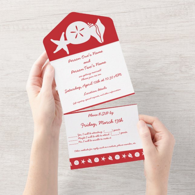 Summer Seashells in Cherry All In One Invitation (Tearaway)