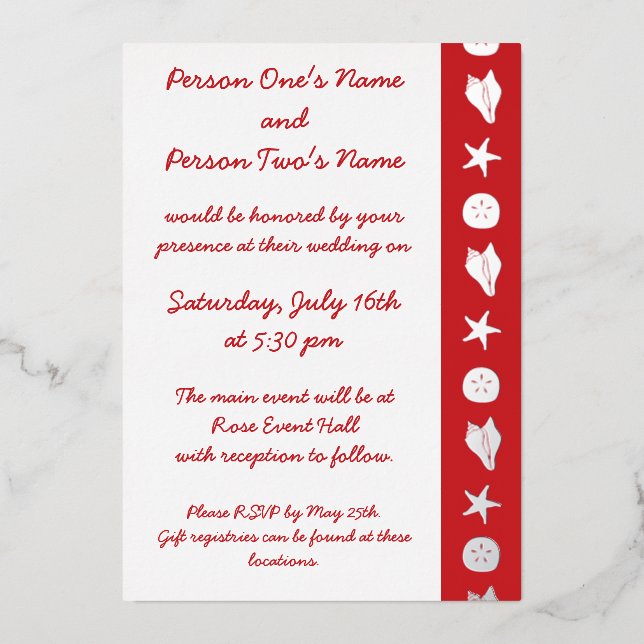 Summer Seashells in Cherry Foil Invitation (Front)