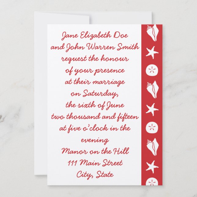Summer Seashells in Cherry Wedding Invitation (Front)