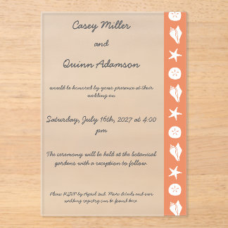 Summer Seashells in Coral Acrylic Wedding Invitations