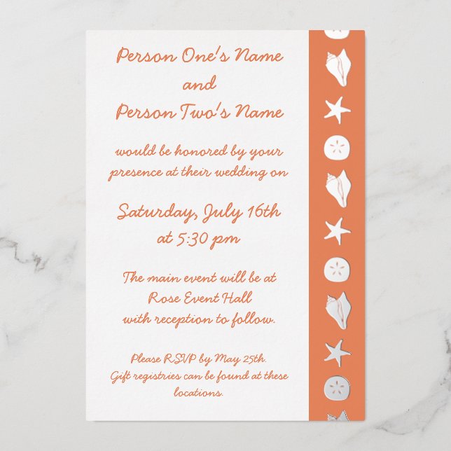 Summer Seashells in Coral Foil Invitation (Front)