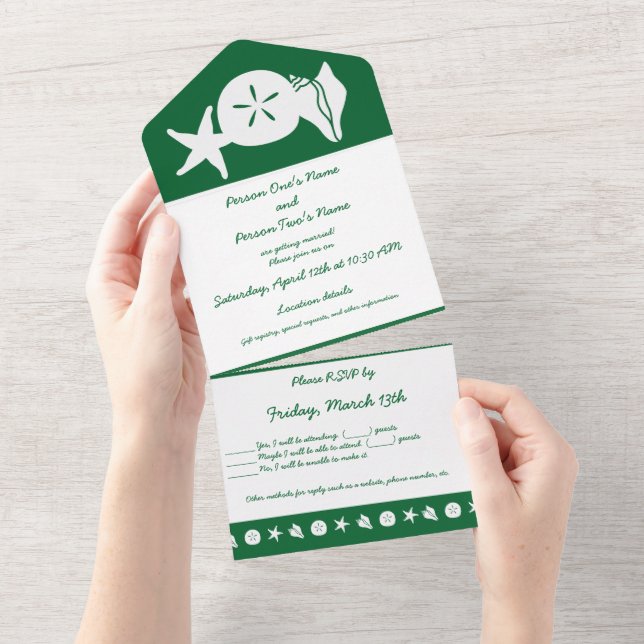 Summer Seashells in Green All In One Invitation (Tearaway)