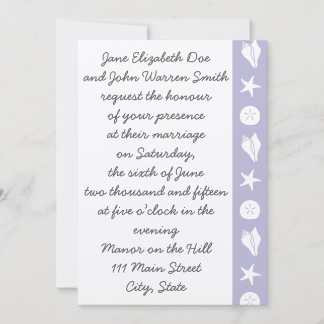 Summer Seashells in Lavender Wedding Invitation (Front)